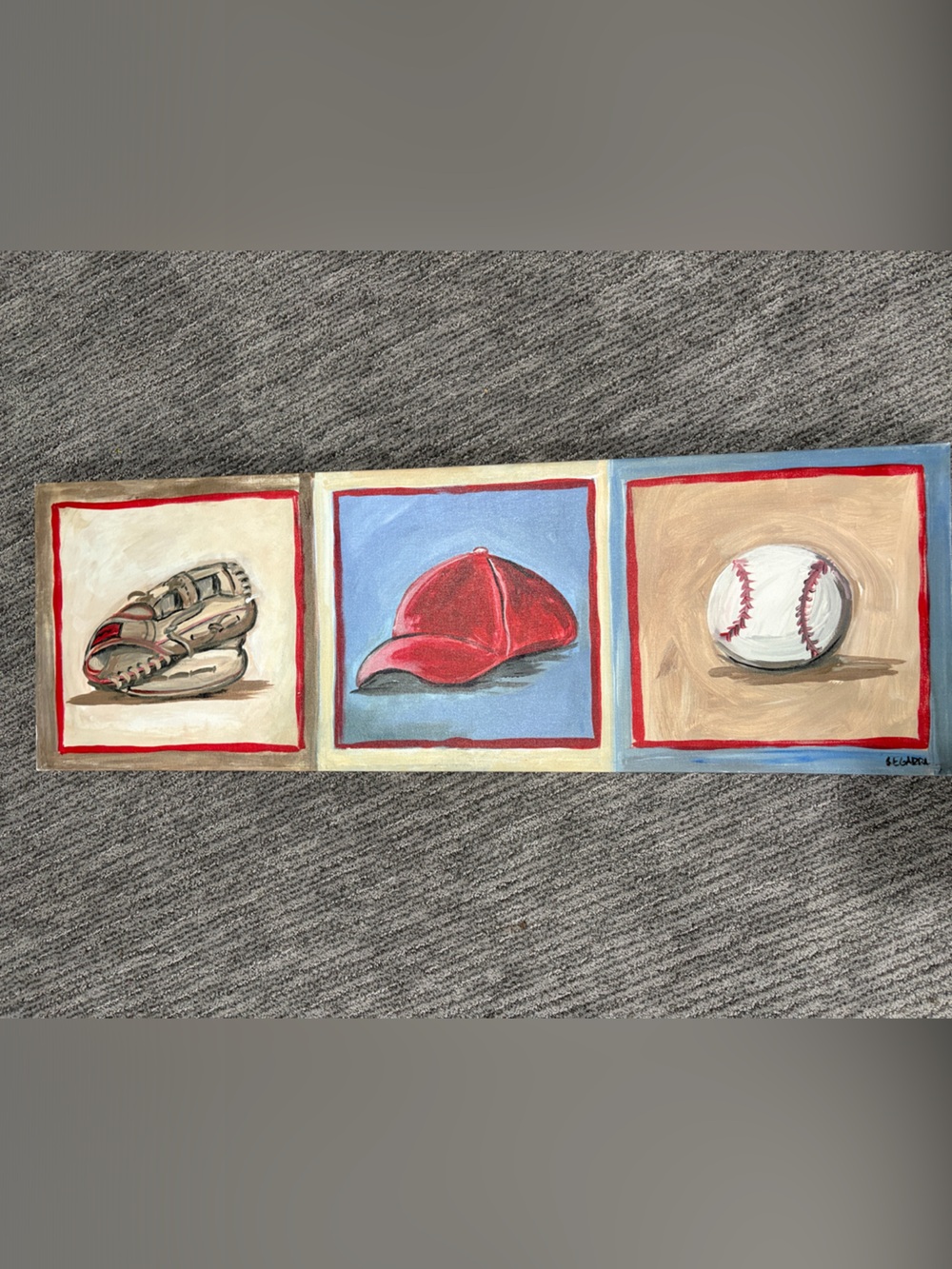 Triptych Baseball Wall Art - Red Cap, Glove & Ball